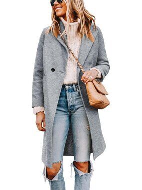 Women's Notch Lapel Double Breasted Light Grey Wool Mid Long Pea Trench Coat